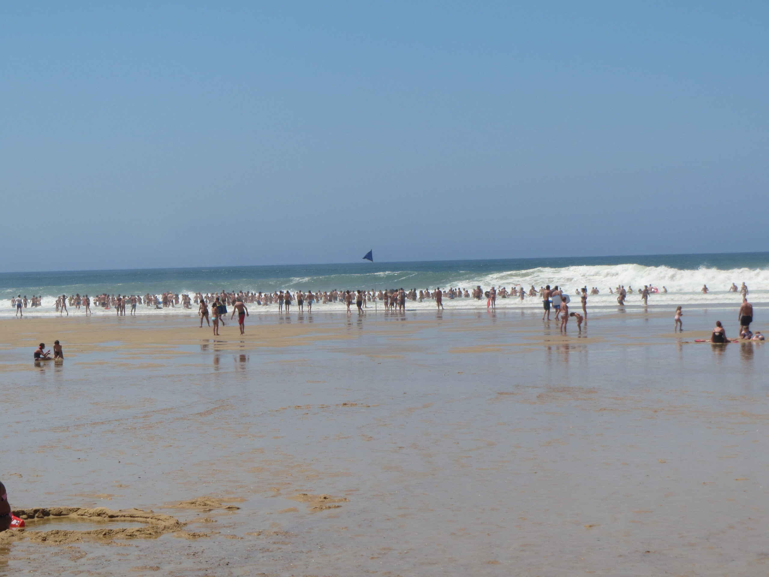 Bathers and bodyboarders in the Atlantic waves at Moliets beach